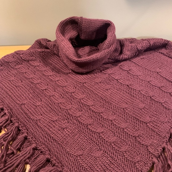 Sweater Poncho With Fringe, Beautiful Plum Color, One Size Fits Most - Picture 2 of 12